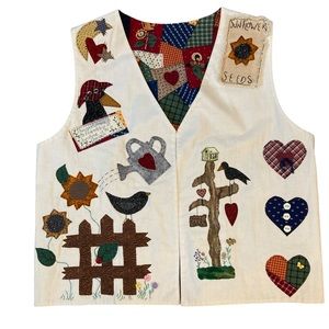 Appliquéd Vest Sunflowers Crows Hearts Patchwork Lined Handcrafted Fall Ball Med